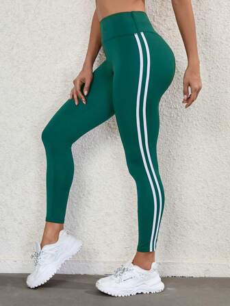 Exploreva Minimalistyczne, kontrastowe legginsy w paski, spodnie do jogi dla kobiet