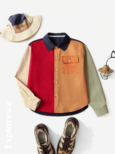 SHEIN Stylish Boys' Khaki Patchwork Long Sleeve Shirt, Versatile For Outdoor Adventure Essentials