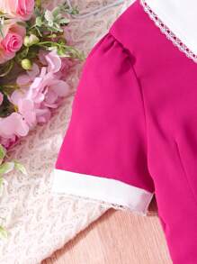 SHEIN Váy xếp ly tay bồng phong cách đại học Anh cho bé gái tuổi mới lớn màu khối - Hồng - Xem 3
