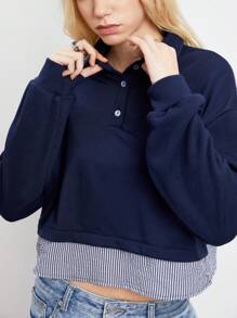Flirla 1 pieza Sudadera azul marino de mujer minimalista con cuello y rayas de contraste 2 en 1, para otoño/invierno