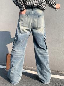Manfinity EMRG Men's Light Blue Washed Denim Cargo Pants, Loose Fit Wide Leg Blue Distressed Baggy Cargo Jeans, For Husband, Boyfriend Gifts - Light Wash - View 2