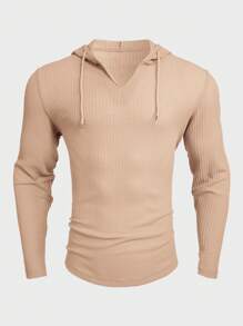 Manfinity Roughcore Moletom masculino simples com capuz de manga comprida e cor sólida, uso diário casual - Caqui - Ver 5