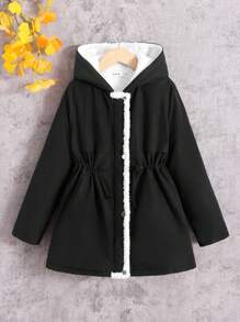 SHEIN Parka con capucha para niñas preadolescentes, de cintura ceñida, forrada térmicamente, de hombros caídos, estilo casual y cómodo, adecuada para otoño e invierno, versátil y clásica
