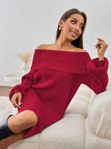 SHEIN Clasi 1 件女士灰色露肩灯笼袖针织毛衣连衣裙新年衣服 - 紅色 - 查看 5