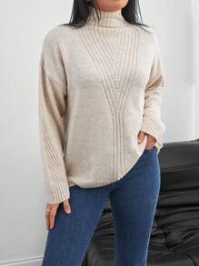 RueChic Plus High-Neck Asymmetric Knit Design Detailed Soft Yarn Sweater, For Winter - Apricot - View 5