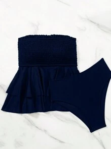 Swim Mod Women's Summer Beach Solid Color Strapless Tankini Set - Navy Blue - View 3