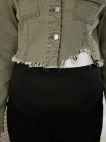 SHEIN Maternity Front Button Long Sleeve Pocket Frayed Hem Casual Denim Jacket