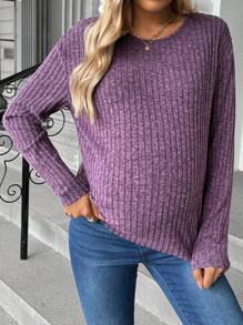 SHEIN Maternity Casual Solid Color Ribbed Knit Long Sleeve T-Shirt, Knit T-Shirt, Autumn