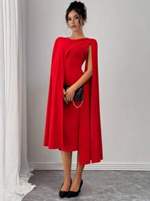 Rafferiza 优雅合身圆领荷叶边下摆长袖红色及膝性感派对礼服，圣诞节新年服装长款女装 - 紅色 - 查看 6