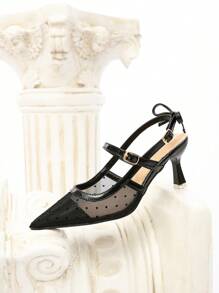 CUCCOO CHICEST 尖头细高跟鞋黑色波尔卡圆点网眼蝴蝶结露背优雅优雅女士高跟鞋 - 黑色 - 查看 2