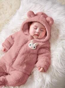 SHEIN Bộ quần cạp chun và áo khoác trùm đầu in họa tiết hoạt hình dễ thương cho bé gái sơ sinh, mùa thu/đông - Bụi hồng - Xem 6