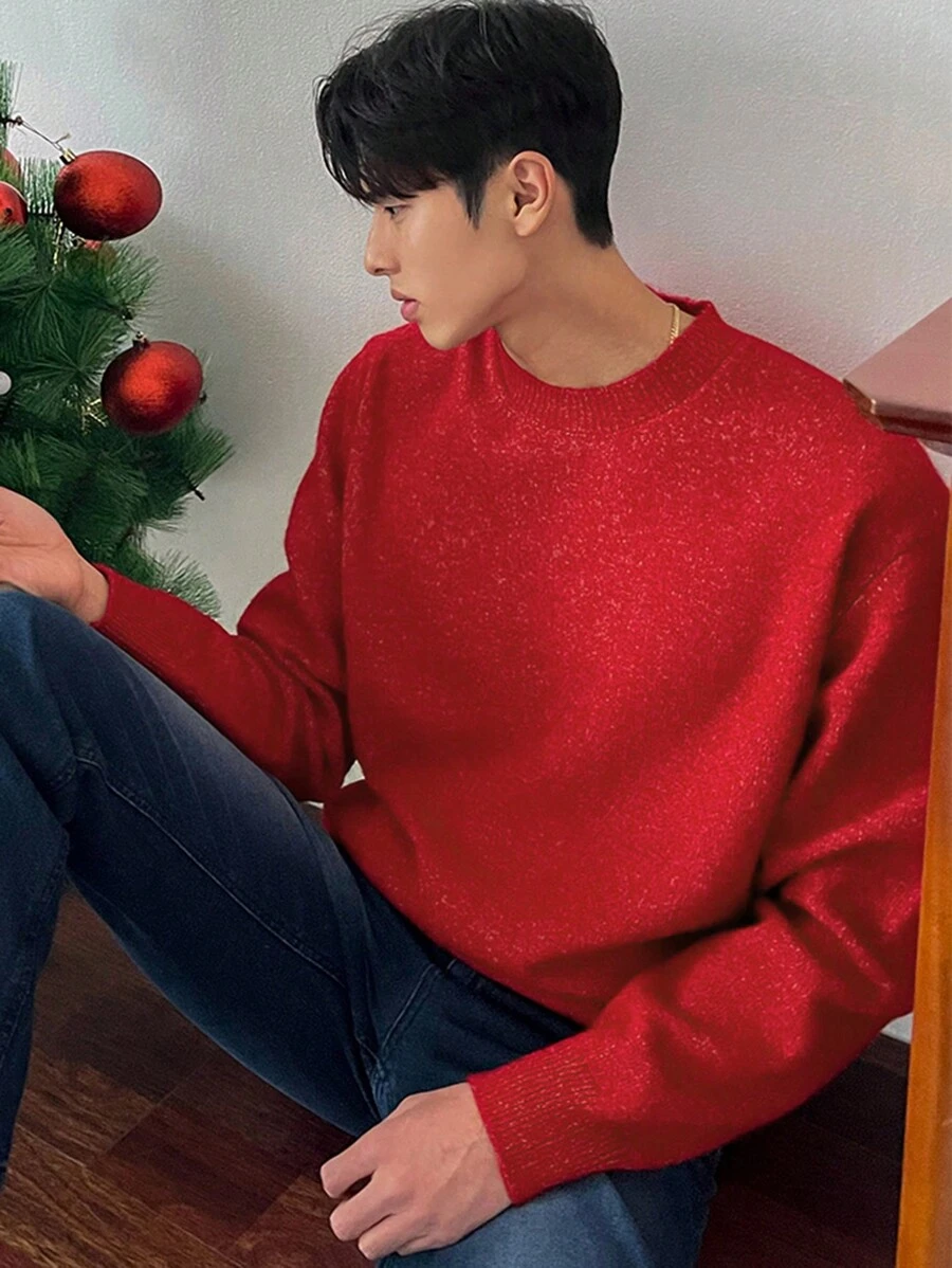 DAZY Men's Casual Christmas Red Crew Neck Sweater, Autumn/Winter Christmas