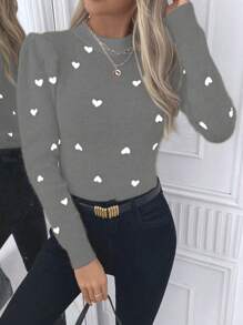 SHEIN Clasi 爱心印花高领优雅修身长袖针织套头衫，秋冬款 - 灰色 - 查看 7