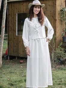 LanaWest 2pcs Women Elegant Fashion Commuter Lady Long Sleeve Round Neck Cardigan Tie Waist Top And Solid Color Long Dress Set - White - View 1