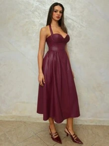 SHEIN BAE 1pc Women Solid Color Waist Cinch Halter Neck Dress - Burgundy - View 5