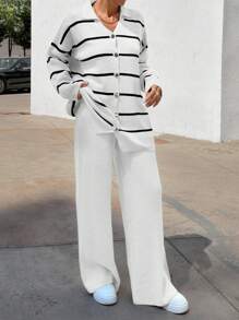 EURMUSE Women Striped Sweater Cardigan And Pant Set - White - View 7