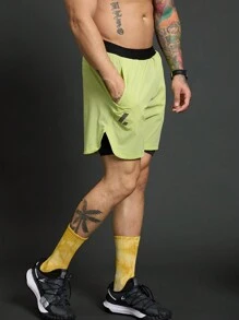Acti Log Quần short thể thao hai lớp cạp chun màu tương phản phong cách bạn trai dành cho nam, thường ngày và thể dục - màu xanh lá - Xem 4