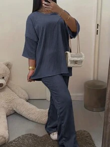 INAWLY 2pcs Set Solid Color Round Neck Middle Long Sleeve Casual Top & Full Length Pants For Women - Grey - View 5