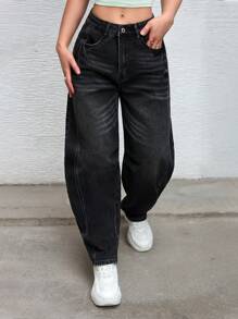 SHEIN EZwear Women Fashionable Distressed Banana-Fit Baggy Denim Jeans