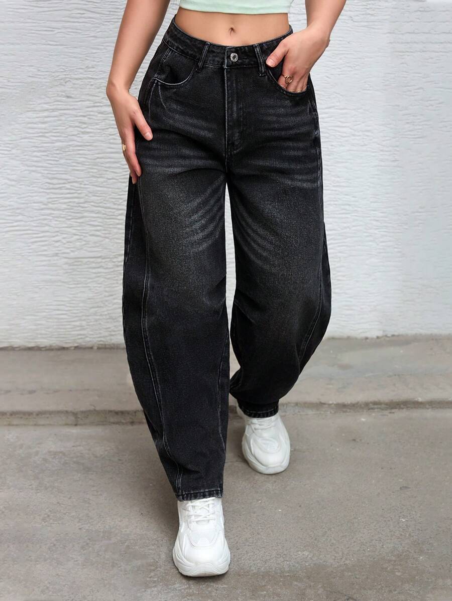 SHEIN EZwear Women Fashionable Distressed Banana-Fit Baggy Denim Jeans