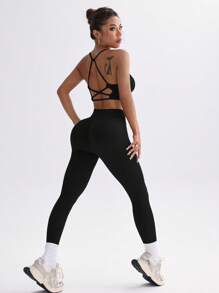 Slayform 女士纯色镂空休闲运动上衣和裤子套装健身房套装健身女士套装女士紧身裤套装 - 黑色 - 查看 2