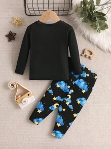 SHEIN Leap Crew 2 件装男婴可爱大象和月亮图案针织柔软舒适长袖上衣和裤子贴身睡衣套装 - 彩色 - 查看 2