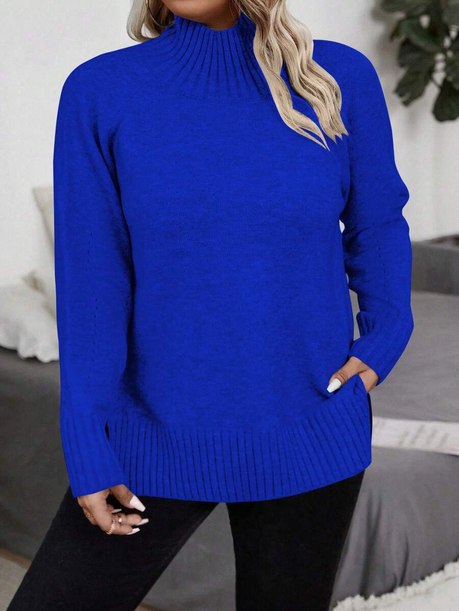 SHEIN LUNE Plus Size Solid Color Stand Collar Long Sleeve Minimalist Top, Casual Everyday Wear, For Winter Knit Pullover Fall - Royal Blue - View 1