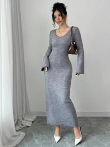 Elenzga Tiefer V-Ausschnitt Glockenärmel eng anliegendes langärmliges Cardigan Kleid, eleganter, lässiger und bequemer Damen Sweater Kleid - Grau - Übersicht 5