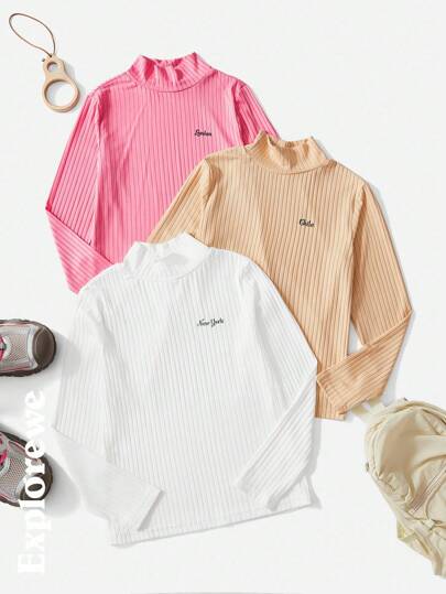 SHEIN 3 件套女童高领长袖 T 恤，舒适亲肤，合身百搭汗衫，适合日常穿着、休闲或室内穿着