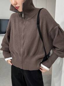 FRIFUL 女士纯色落肩长袖宽松针织开衫，秋冬高领女式夹克 - 咖啡棕 - 查看 4
