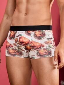 3条装男士字母和火鸡印花撞色腰带休闲平角内裤，圣诞节礼物 - 紅色 - 查看 4