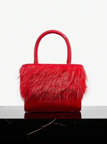 SHEIN SXY Ladies, Women Top Handle Bags, Fashionable, Simple, Elegant, Versatile, Personalized, Red, Fur & Fuzz, Plush, For Classic, Commute, Office, Date, Daily, Shopping, Afternoon Tea, Christmas, Valentine's Day Valentines - Red - View 2