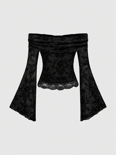 Goth Blusa de talla grande para mujer con estilo vintage de palacio, de lujo, con encaje, hombros descubiertos, colgante cruzado, mangas acampanadas y bajo asimétrico