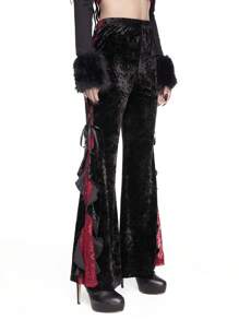 ROMWE Goth 哥特式神秘宫殿奢华对比蕾丝蝴蝶结和荷叶边下摆喇叭裤 - 黑色 - 查看 5