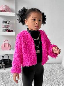 SHEIN Baby Girls Street Chic Loose Plush Jacket, Provides Sufficient Warmth For Baby To Stay Fashionable And Elegant In Cold Seasons, Suitable For Various Occasions, Especially For Autumn/Winter Daily Outings, Parties, Etc. Easy To Create Diverse Fashionable Looks
