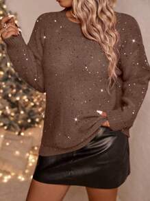 EMERY ROSE 大码纯色亮片拼布休闲套头衫，适合冬季