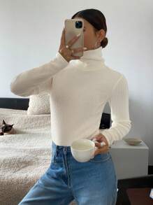 SHEIN Frenchy Camiseta de cuello alto ajustada de unicolor cálida para otoño/invierno, retro, elegante para mujer, ropa de festival, casual de negocios, blusas de mujer, ropa elegante de otoño para mujer, disfraces de fiesta, disfraces navideños, disfraces de cita, disfraces de fiesta, disfraces de Halloween