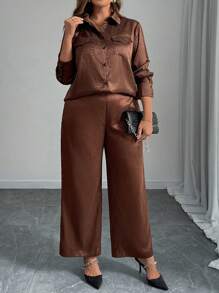 SHEIN LUNE 2pcs Plus Size Women Solid Color Woven Casual Outfit, For Autumn