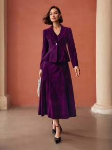 MOTF PREMIUM VELVET SOLID PEAK COLLAR FLOWY HEM BLAZER - Purple - View 7