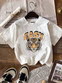 SHEIN EZwear Áo thun cổ tròn in hình đầu hổ cho nữ, phong cách Y2K - trắng - Xem 3