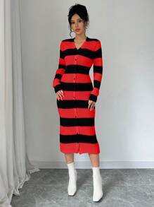 SHEIN Unity Women V-Neck Color Block Striped Print Button Front Long Sleeve Sweater Dress - Red - View 7
