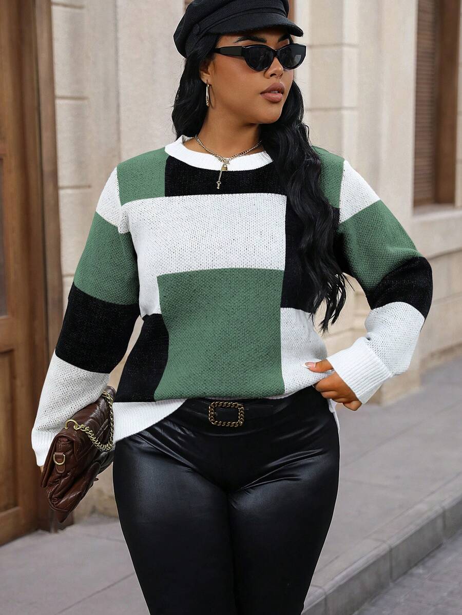 Calvaya Plus Size Casual Everyday Round Neck Colorblock Sweater, Autumn ...