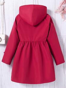 女孩休闲纯色纽扣连帽夹克，适合秋冬季 - 紅色 - 查看 2