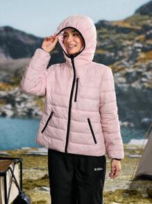 In My Nature 1pc Women Solid Color Hooded Zipper Front Long Sleeve Padded Coat, Winter - Pink - View 7