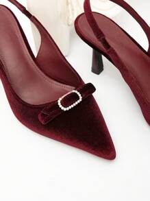 CUCCOO CHICEST Women's Rhinestone Decor Bow Pointy Toe Stilettos, Elegant Velvet High Heels, Burgundy Color, Suitable For Daily, Christmas, Valentine's Day, New Year, Date, Party, Formal Occasions - Burgundy - View 9