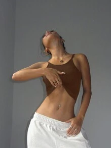 Easithlete 纯色露背吊带背心，无袖运动背心，夏季 - 咖啡棕 - 查看 4