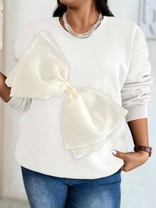 Calvaya Plus Size Solid Color Large Bow Decoration Round Neck Casual Versatile Long Sleeve Sweatshirt Pullover Fall - White - View 5