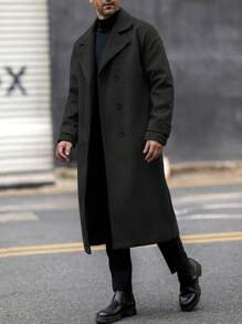 Manfinity Homme Men's Casual Solid Color Double-Breasted Overcoat, Autumn/Winter - Black - View 4