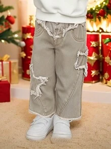 Bebeluși pentru fetițe, verde militar, broderie pentagramă, blugi casual largi, cu picioare largi - Verde Armată - Vizualizare 1