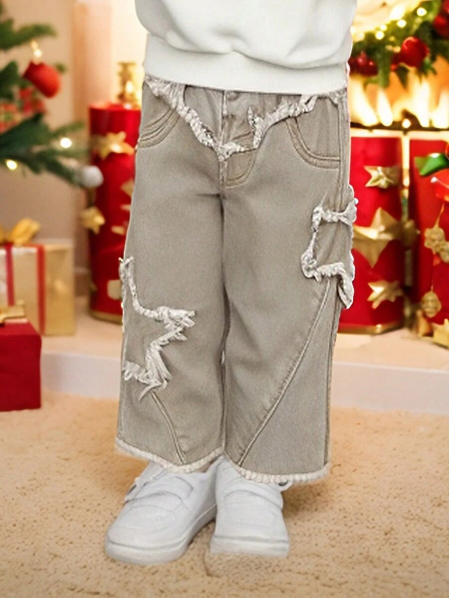 Bebeluși pentru fetițe, verde militar, broderie pentagramă, blugi casual largi, cu picioare largi - Verde Armată - Vizualizare 1